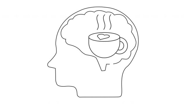 A side view of a head with a brain containing a steaming cup of coffee with a heart