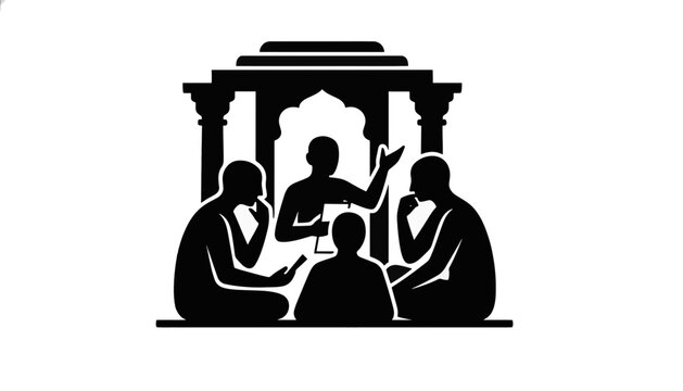 Ancient Hindu philosophical debate silhouette. Guru and disciples learning in Gurukul ashram. Vector illustration of traditional Indian education and wisdom concept