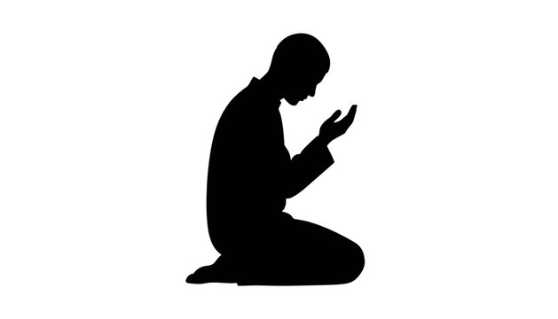 Islamic prayer silhouette vector icon. A Muslim man in a traditional Dua supplication pose. Simple spiritual graphic for Ramadan