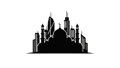 Black silhouette of an Islamic mosque and modern city skyline. Flat vector graphic icon. Urban architecture illustration