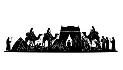 Silhouette of a historical pilgrimage or desert caravan. Islamic Hajj or biblical scene with people, camels, and tents. Black vector graphic illustration