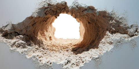 Sandy Tunnel to Sunlight: A captivating close-up reveals a tunnel carved in sand, leading to a radiant opening of pure sunlight. The textures and tones create a contrast of light and shadow.