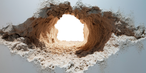 Sandy Tunnel to Sunlight: A captivating close-up reveals a tunnel carved in sand, leading to a radiant opening of pure sunlight. The textures and tones create a contrast of light and shadow.