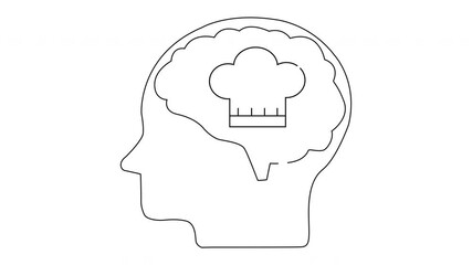 Blacklined head profile featuring a brain with a chef hat inside symbolizing culinary thoughts or expertise
