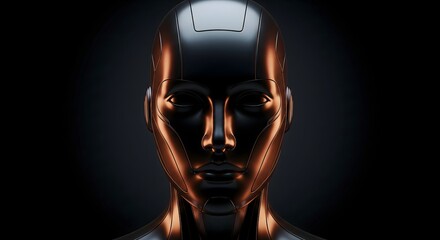 Naklejka premium Futuristic dark metallic humanoid robot head portrait with dramatic bronze lighting on a black background