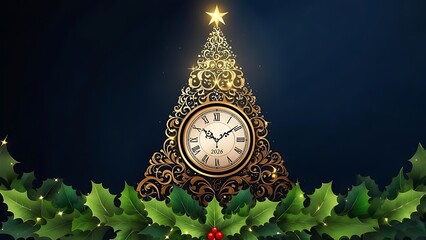 Ornate gold Christmas tree with a clock face at the center, a star on top, and garland. Dark blue background