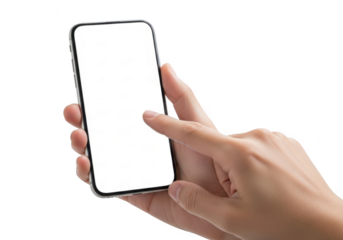 Hand touching a smartphone screen isolated on transparent background