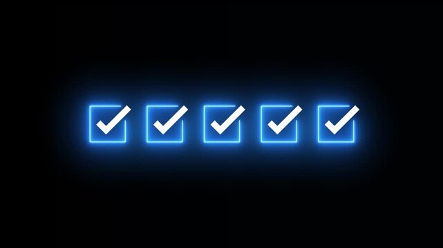 Checking mark on checkboxes neon animation isolated on black background