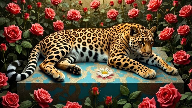 Flower border leopard print art illustration