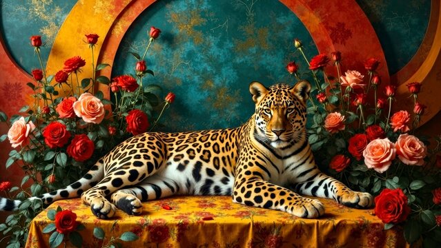 Flower border leopard print art illustration