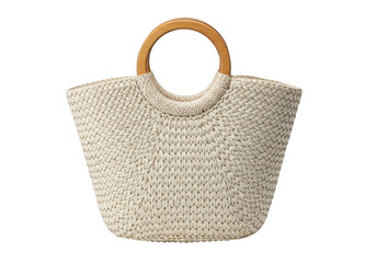 Woven straw tote bag with wooden handles, isolated on transparent background