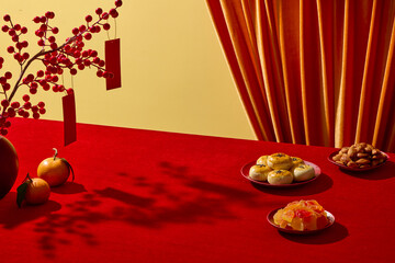Happy Chinese New Year scene with red backdrop, traditional fruits, cakes and seeds decorated. Blank space for product presentation and design text. Advertising photo
