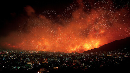 Amazing of fireworks effect fantasy over the sky , red and orange color tone , background image.