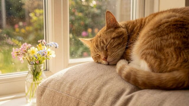Ginger cat sleeping peacefully on a cushion next to a vase of wildflowers on a sunny spring day, subtle camera movement