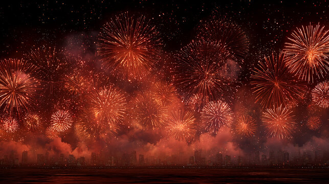 Beautiful lot of fireworks red and orange colorful over the city at night black sky  , epic background celebration image.