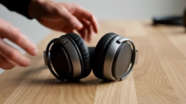 Hands Holding Modern Headphones Over Wooden