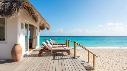 Experience serene luxury at a beachfront villa with a thatched roof, private wooden deck, and comfortable sunbeds overlooking a breathtaking turquoise ocean and pristine sandy beach.