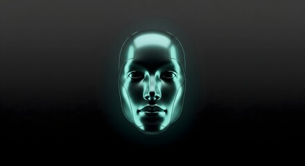 Futuristic metallic robotic face mask glowing teal against a dark, minimal background, representing artificial intelligence and advanced technology.