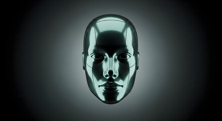 Futuristic metallic humanoid head representing artificial intelligence, robotics, and advanced technology on a dark gradient background.