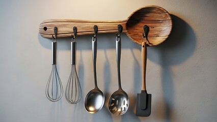 Kitchen utensils organized on wooden rack illustration