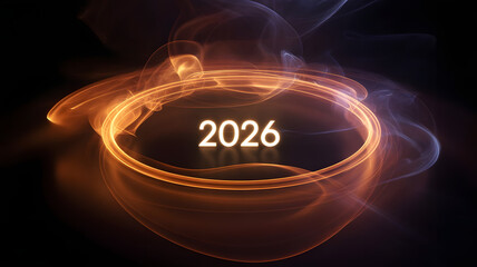Golden 2026 year display. Abstract bright energy ring.