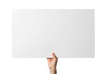 Hand holding a blank rectangular sign isolated on transparent background