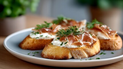 Gourmet bruschetta with prosciutto ham and cream cheese garnished with fresh dill, elegant Italian appetizer on plate