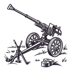 Black and white of a vintage machine gun on a field 1