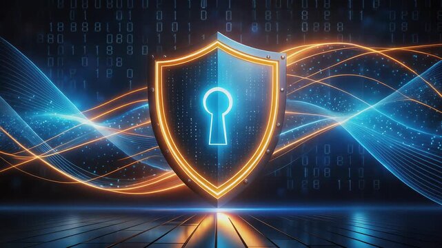 Digital security shield illustration with glowing effects and binary background for cybersecurity concepts