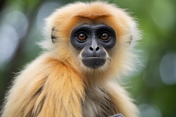 Naklejka premium Gibbon primate with dark face and light fur posing in natural habitat