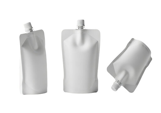 Three blank white flexible pouches isolated on transparent background