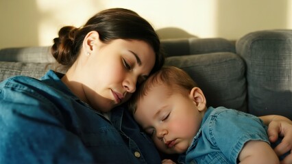 Mother and baby sleeping together on a couch