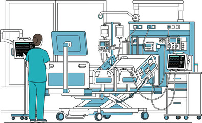 Intensive care unit medical illustration with nurse monitoring patient life support systems and advanced hospital emergency room equipment