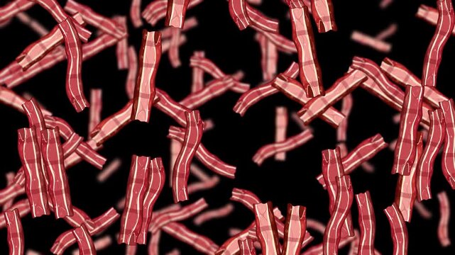 Endless Bacon Strips Falling Against Black Background
