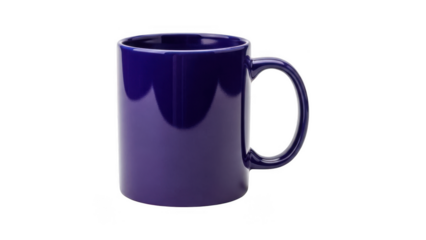 A shiny dark blue coffee mug with a handle on the side isolated on transparent background
