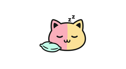 Cute illustration of a sleeping cat with a pillow, depicting rest, comfort, and peaceful slumber with a whimsical, charming aesthetic for relaxation and cozy vibes