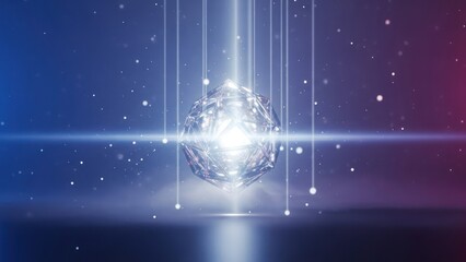 Futuristic digital abstract glowing sphere with radiant light rays and particles, representing technology, data, connection, and innovation.