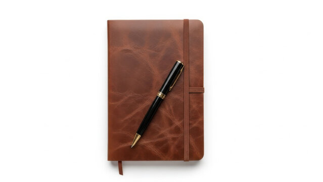 Brown leather notebook and pen isolated on white background