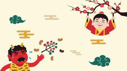 Fototapeta premium Traditional Setsubun festival illustration shows a red ogre being repelled by beans and a smiling okame mask under plum trees.