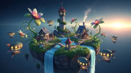 Whimsical Fantasy Floating Island with Charming Village, Majestic Waterfall, Giant Flowers, and Steampunk Airships