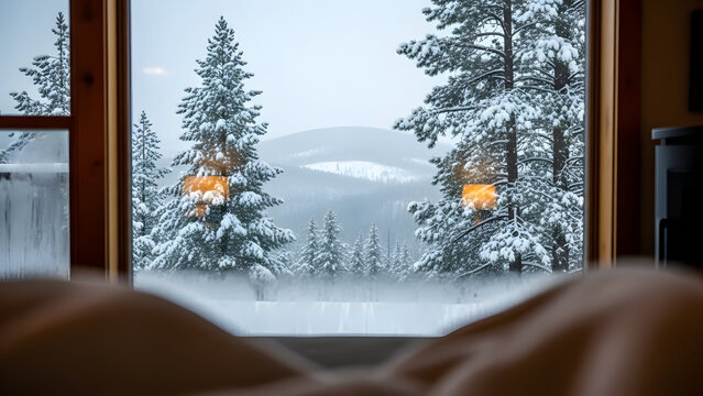 Cozy Bedroom View from Bed Looking Out at a Serene Snowy Winter Forest Landscape