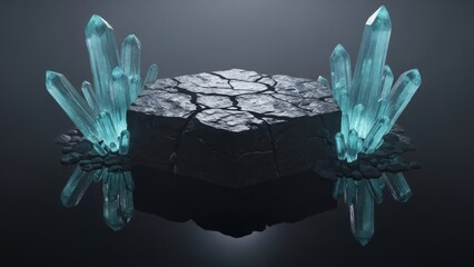 Glowing blue crystals on dark stone pedestal in mysterious setting