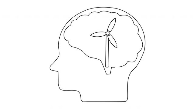 Line art drawing head with brain a wind turbine inside depicting renewable energy thought