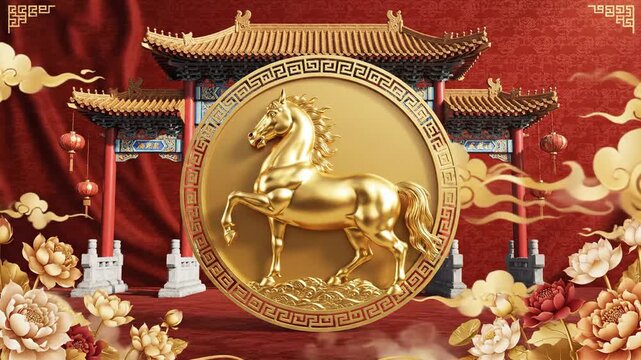 A gold fire horse emblem celebrating Chinese New Year 2026, set against a vibrant red background with traditional architecture and ornate gold decorations.
