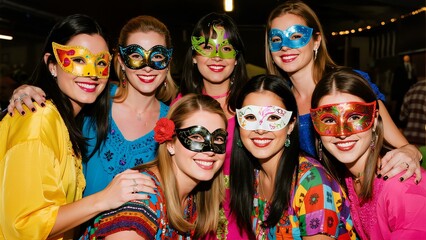 Group of women wearing colorful masks and festive attire at a party