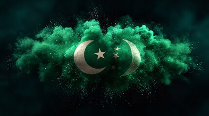 A waving green flag featuring a white crescent and star, symbolizing a nation