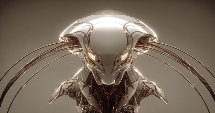 Abstract robotic creature with reflective surface and glowing eyes