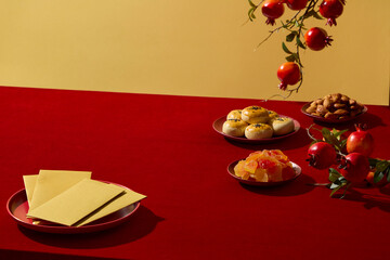 Chinese New Year still life with traditional cakes, fruits jam, yellow lucky envelopes and decorative branches. The red and gold palette creates a warm festive atmosphere, space for design