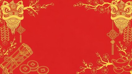 Vibrant Chinese New Year background with lion dance elements