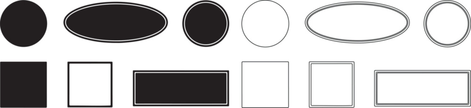 Vector collection of basic geometric shapes including black and white circles, ellipses, squares, and rectangles for graphic design isolated PNG with Transparent Background